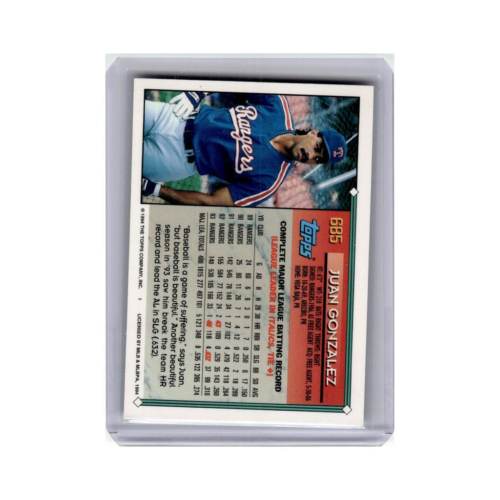 Juan Gonzalez 1994 Topps #685 Texas Rangers Baseball Card NM