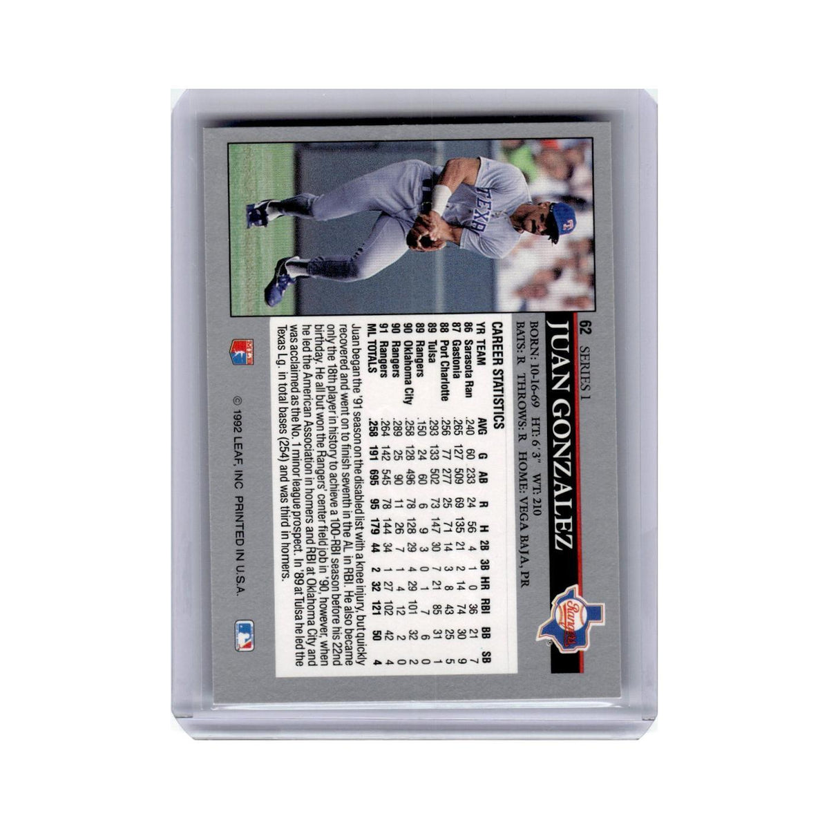 Juan Gonzalez 1992 Leaf #62 Texas Rangers Baseball Card NM