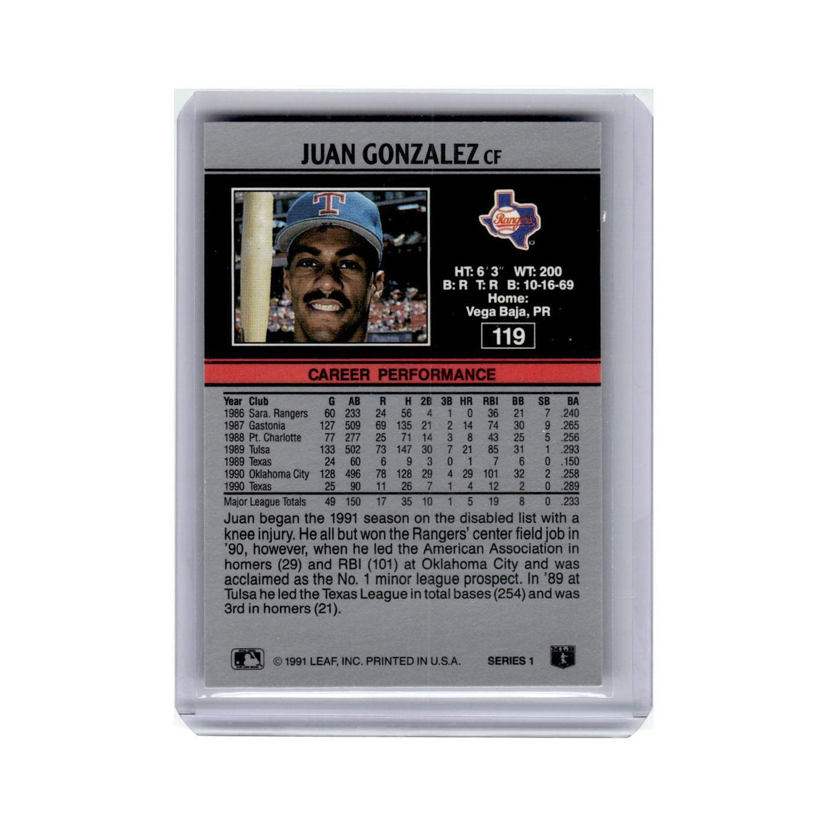 Juan Gonzalez 1991 Leaf #119 Texas Rangers Baseball Card NM