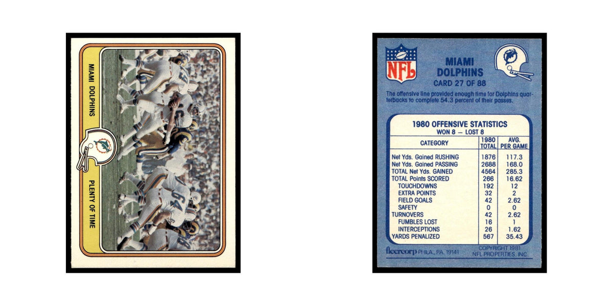 Plenty of Time 1981 Fleer Team Action #27 Miami Dolphins Football Card NM