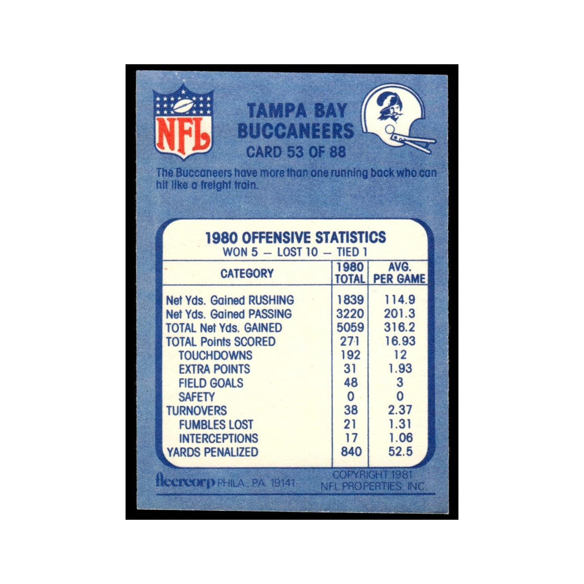 Orange Blossom Special 1981 Fleer Team Action #53 Tampa Bay Buccaneers NM