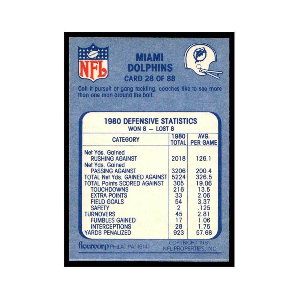 Pursuit 1981 Fleer Team Action #28 Miami Dolphins Football Card NM