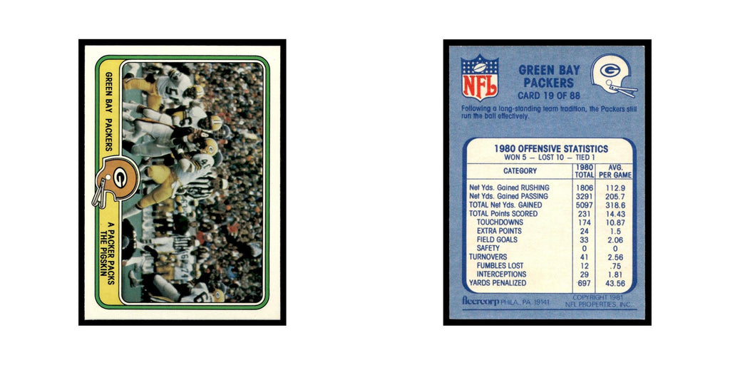 Packer Packs the Pigskin 1981 Fleer Team Action #19 Green Bay Packers NM