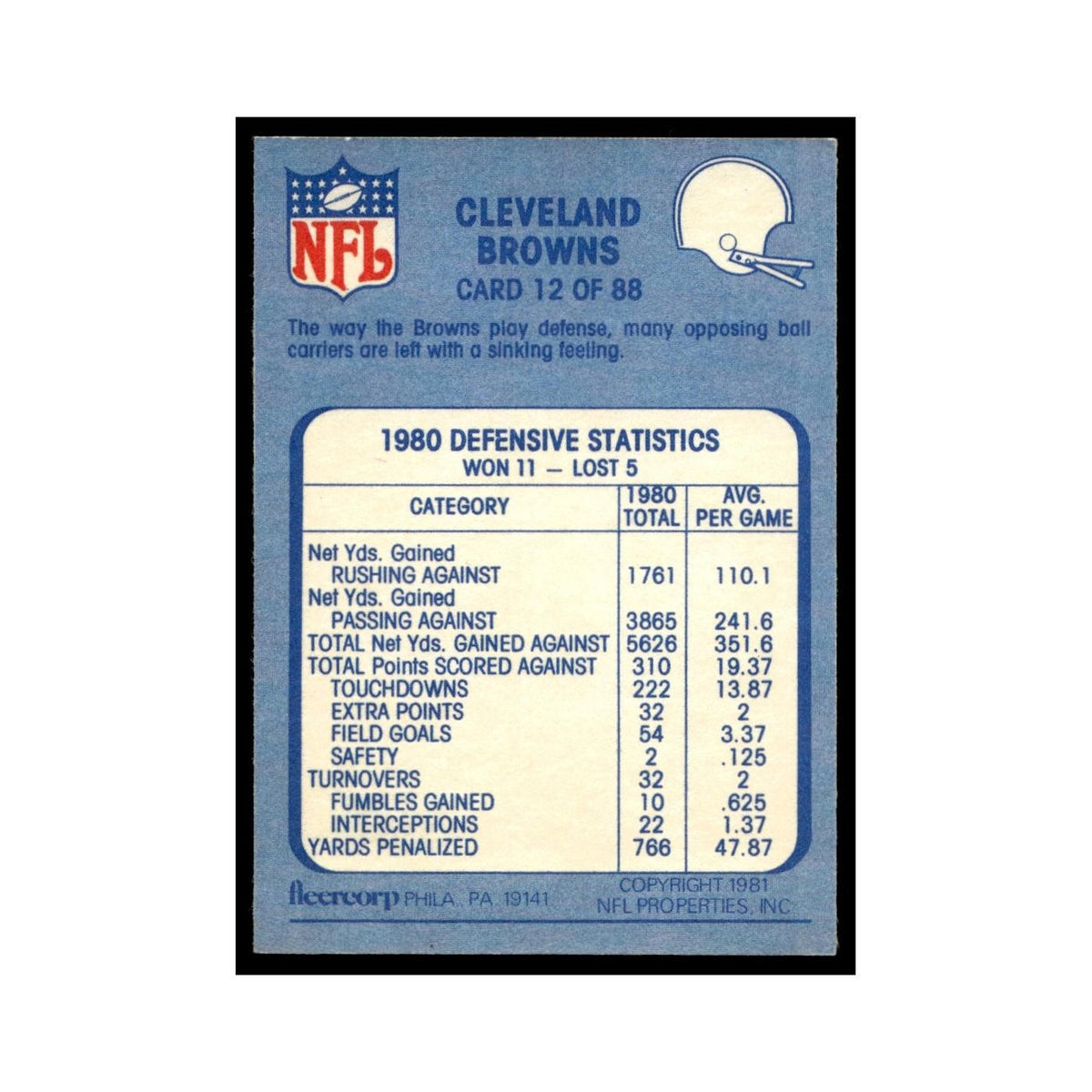 The Only Way to Go Is Down 1981 Fleer Team Action #12 Cleveland Browns NM