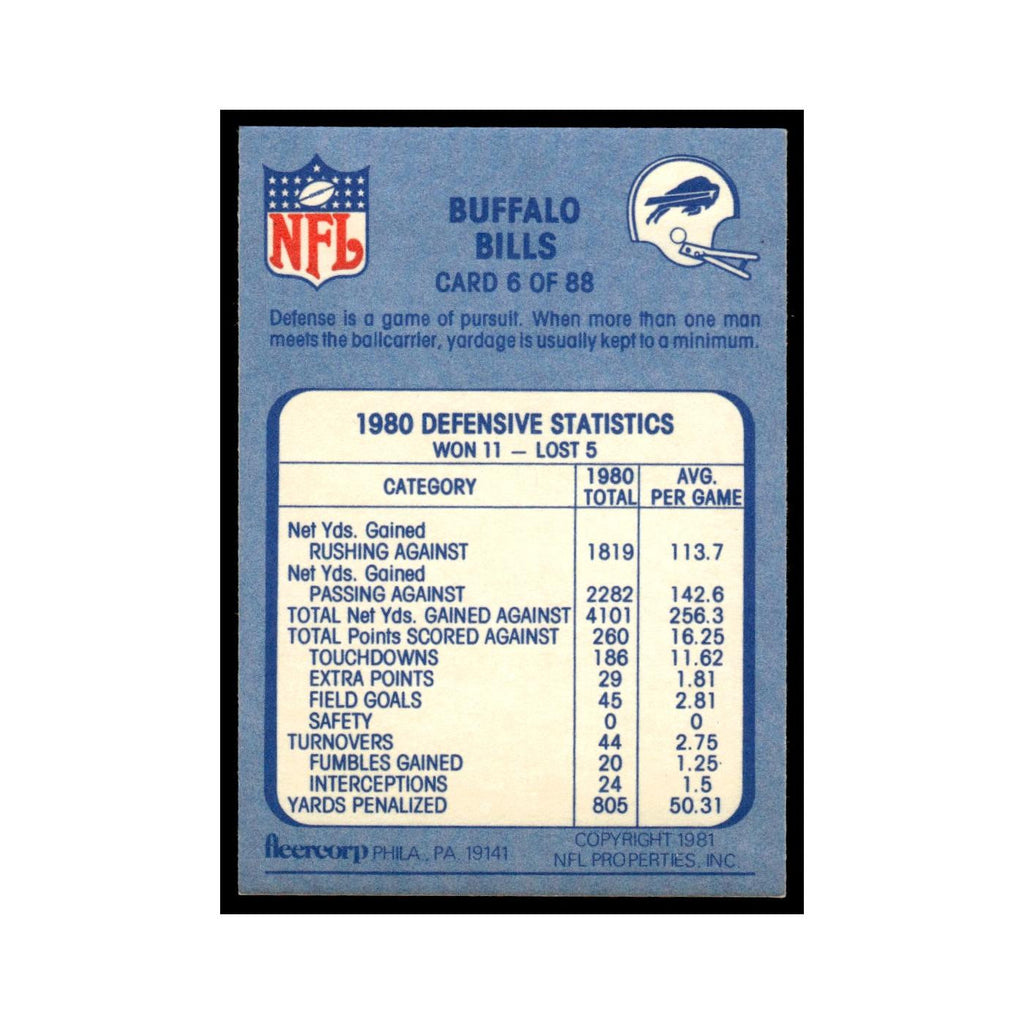 Buffaloed 1981 Fleer Team Action #6 Buffalo Bills Football Card NM