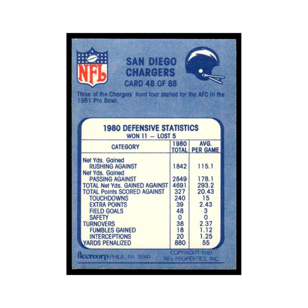 Stonewalled 1981 Fleer Team Action #48 San Diego Chargers Football Card NM