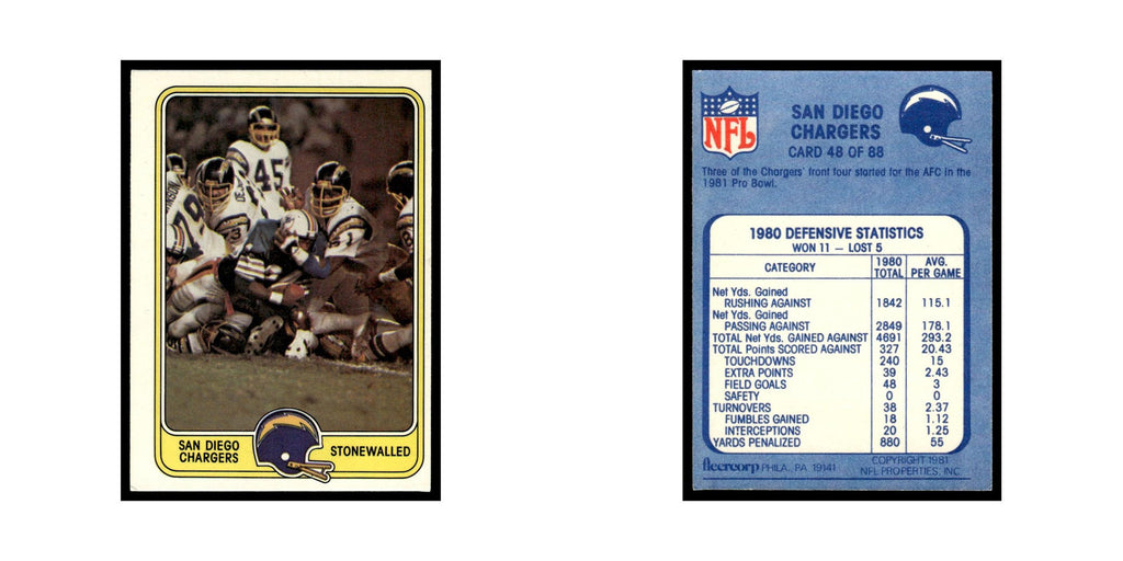 Stonewalled 1981 Fleer Team Action #48 San Diego Chargers Football Card NM