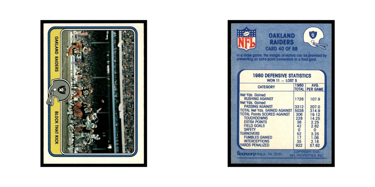 Block that Kick 1981 Fleer Team Action #40 Oakland Raiders Football Card NM