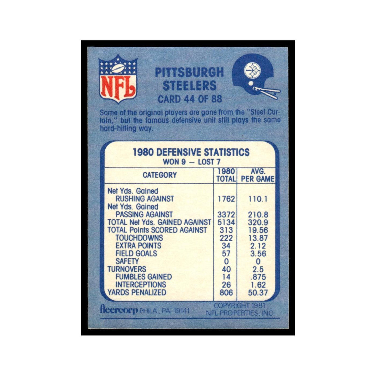 Like a Steel Trap 1981 Fleer Team Action #44 Pittsburgh Steelers NM