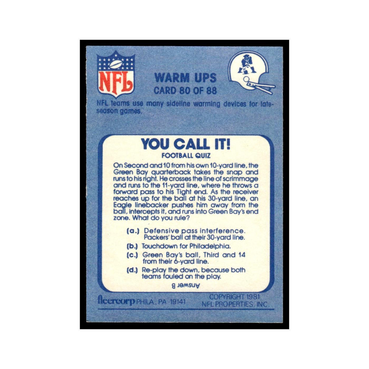 Warm Ups 1981 Fleer Team Action #80 New England Patriots Football Card NM