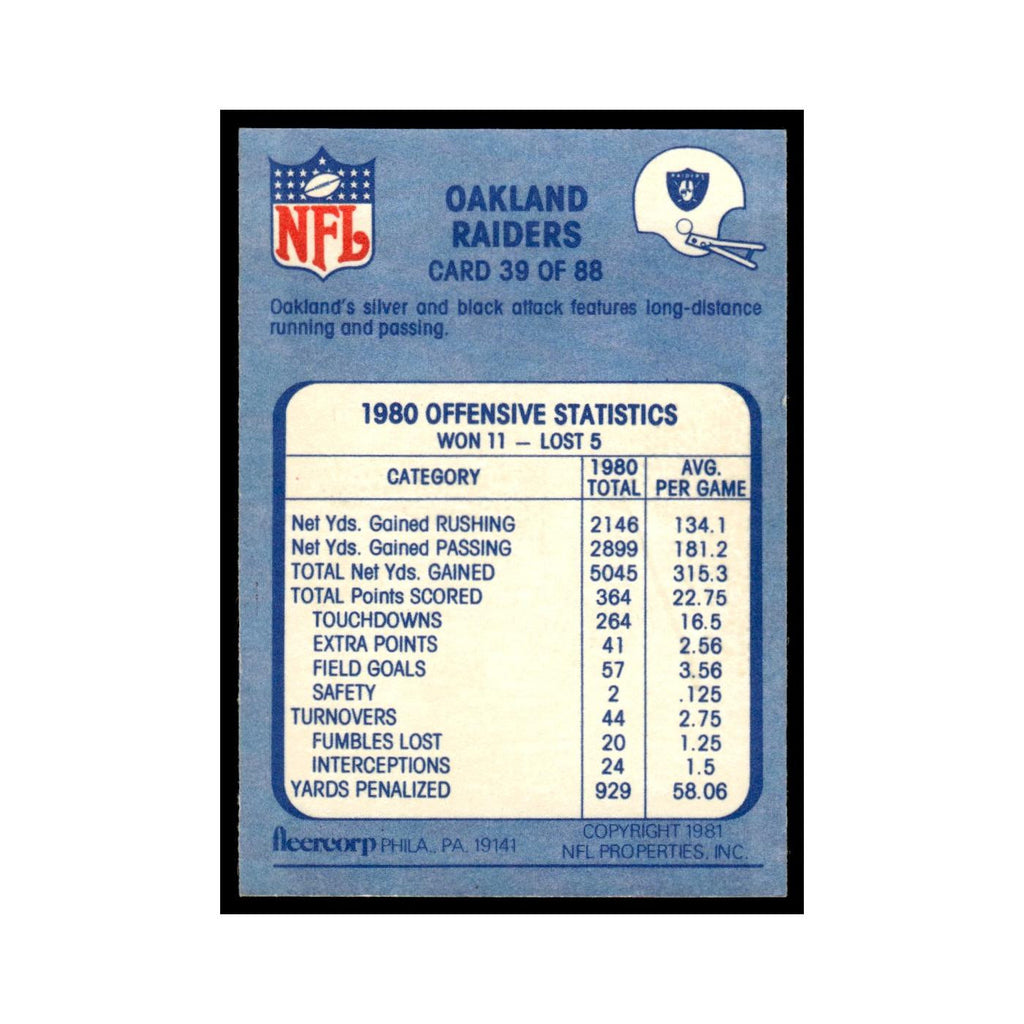 Off and Running 1981 Fleer Team Action #39 Oakland Raiders Football Card NM