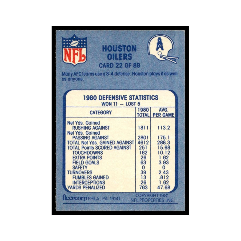3-4 Shut the Door 1981 Fleer Team Action #22 Houston Oilers Football Card NM