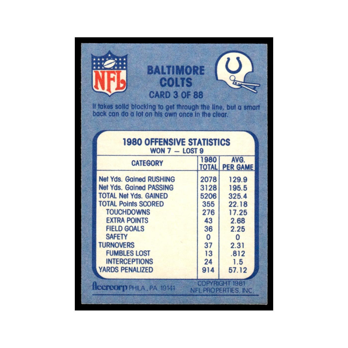 Spring Through the Line 1981 Fleer Team Action #3 Baltimore Colts NM