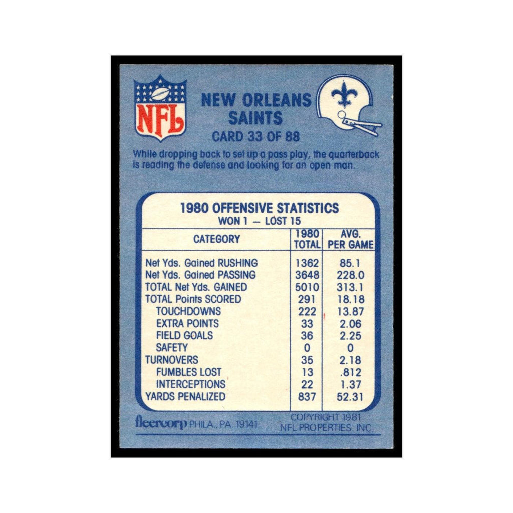 Sitting Up 1981 Fleer Team Action #33 New Orleans Saints Football Card NM
