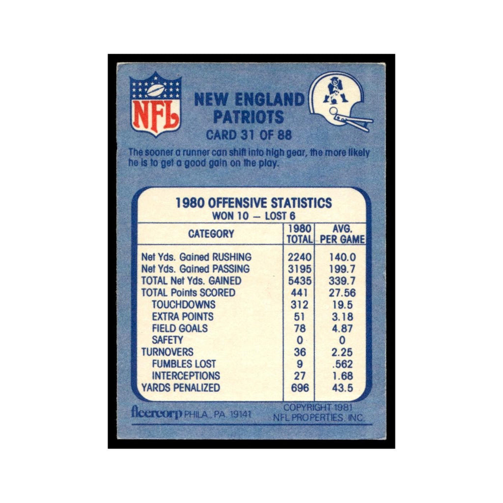 In High Gear 1981 Fleer Team Action #31 New England Patriots Football Card NM