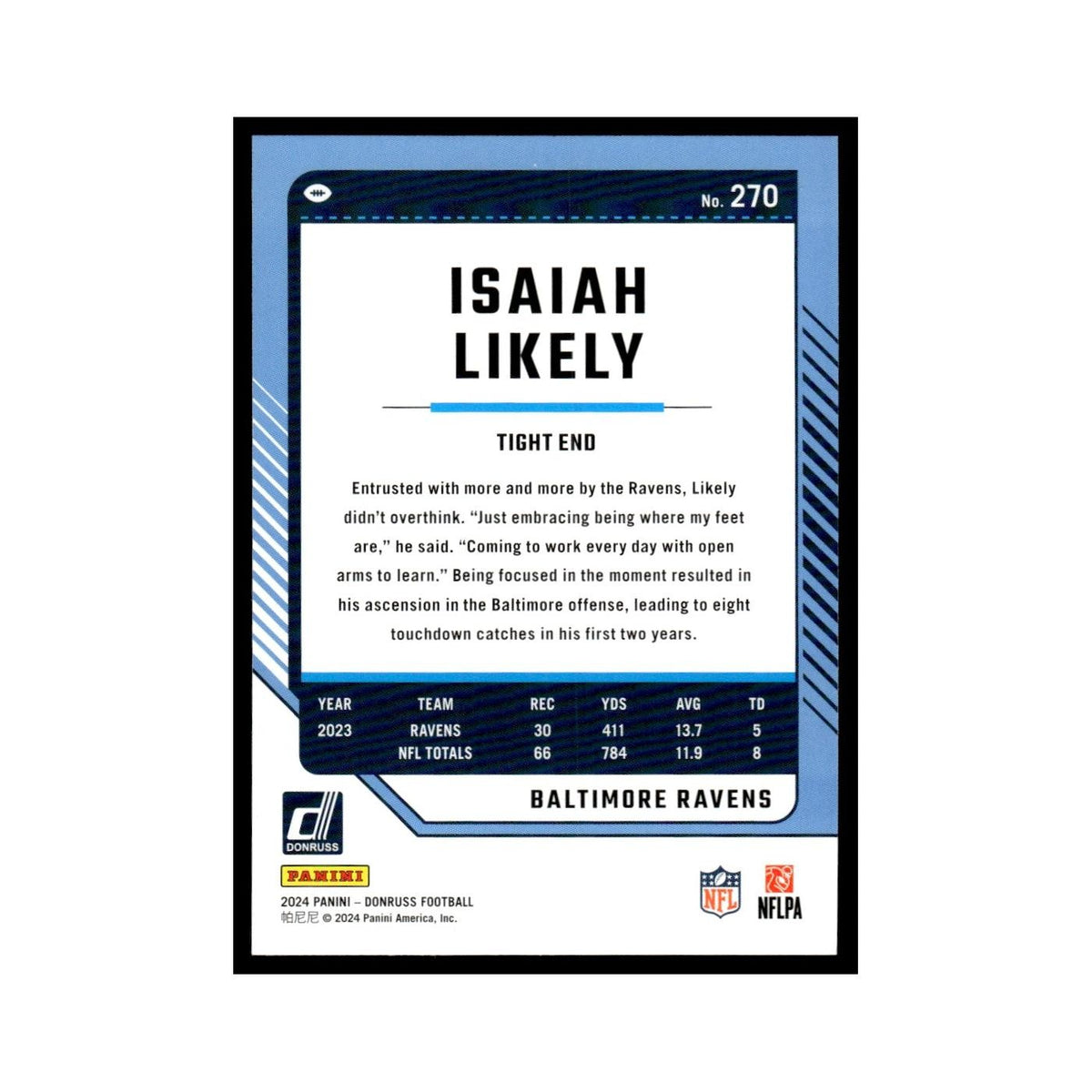 Isaiah Likely 2024 Donruss #270 Baltimore Ravens Football Card NM