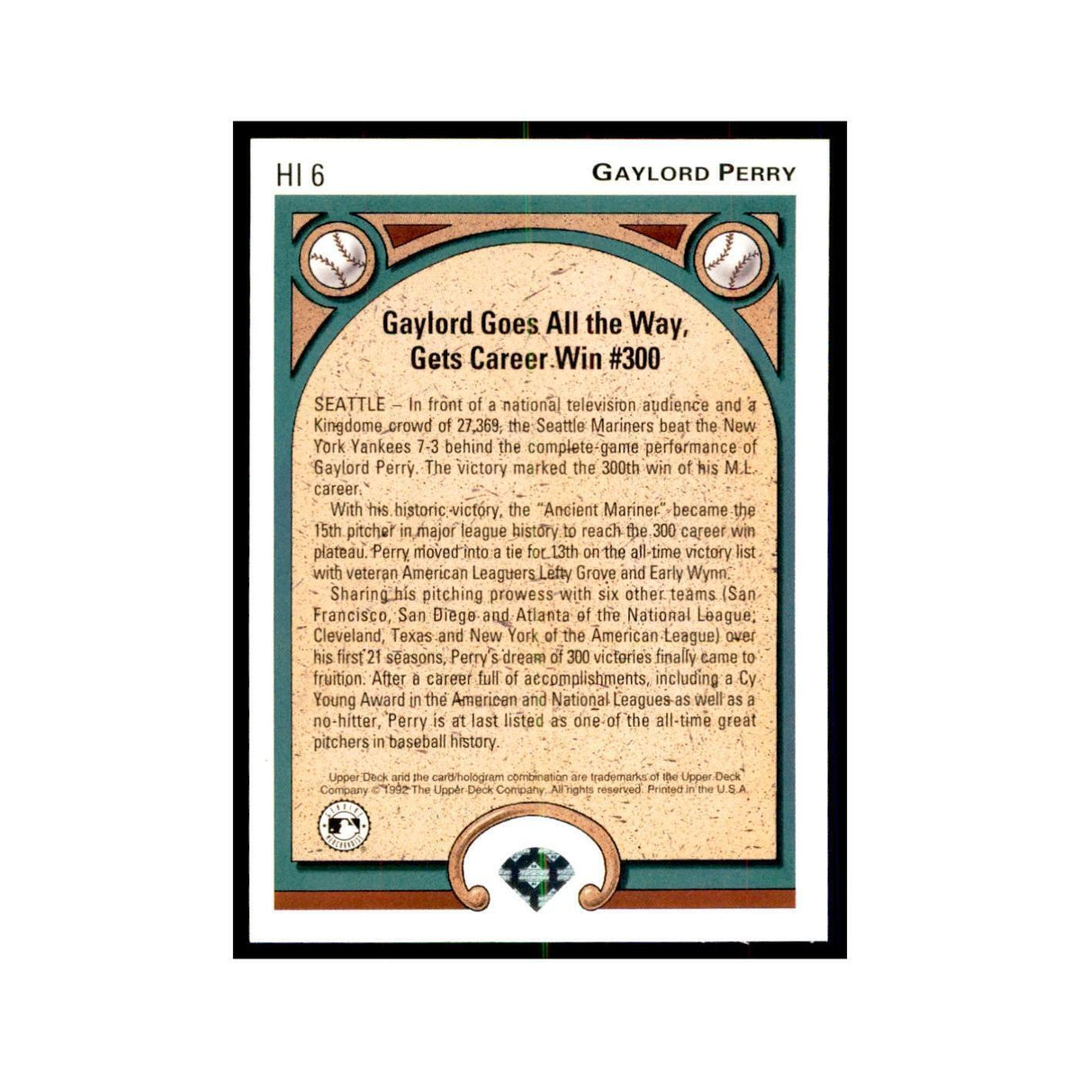 Gaylord Perry 1992 Upper Deck #HI6 Baseball Cards Baseball Card NM