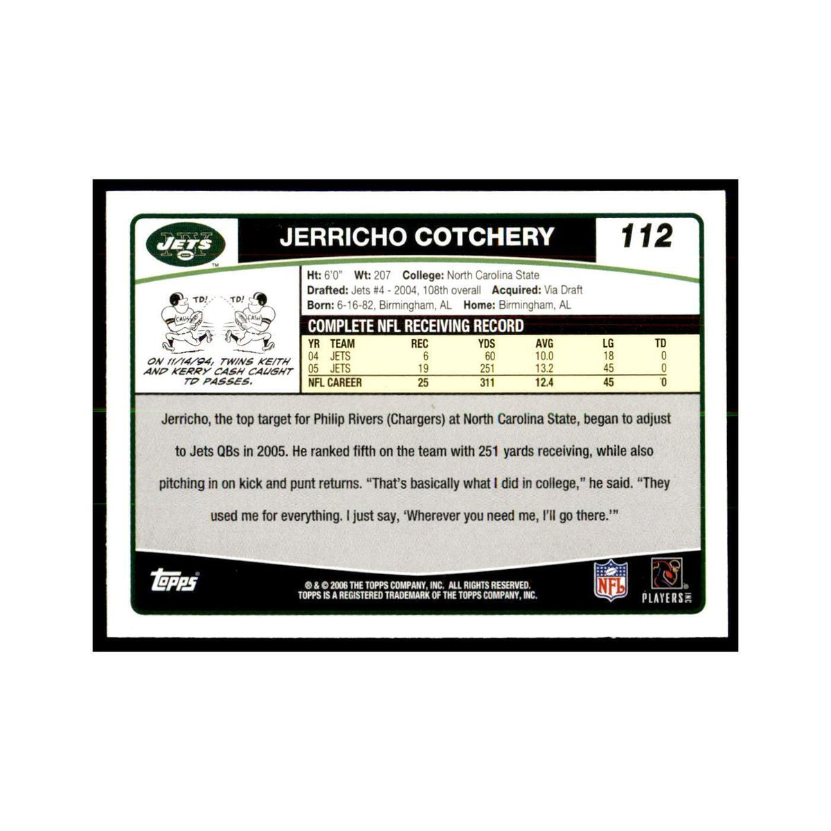 Jerricho Cotchery 2006 Topps #112 Football Cards Football Card NM