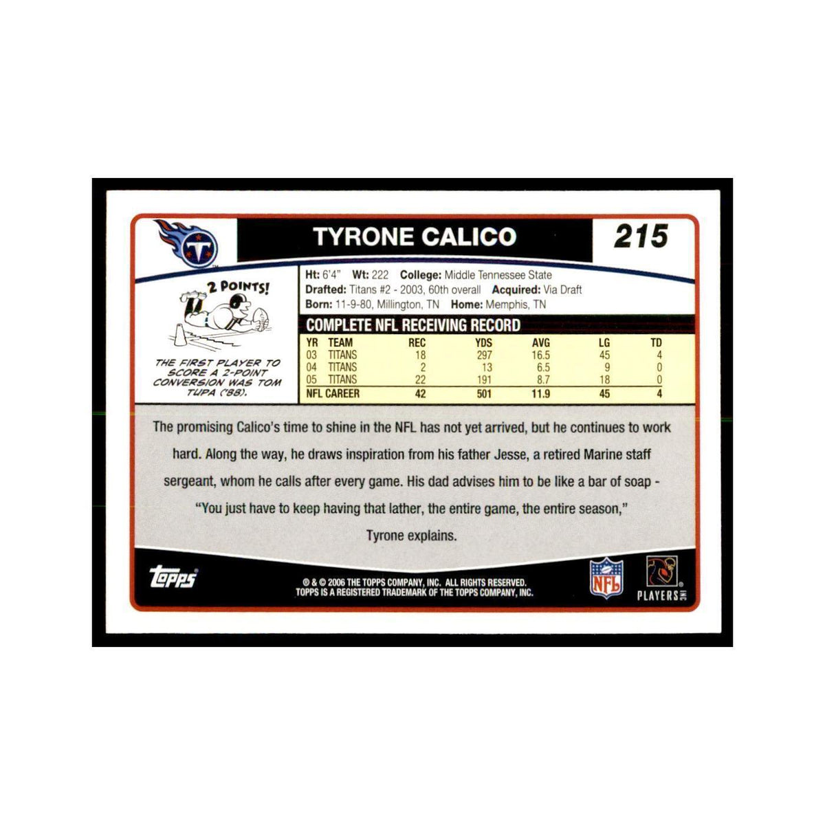 Tyrone Calico 2006 Topps #215 Football Cards Football Card NM