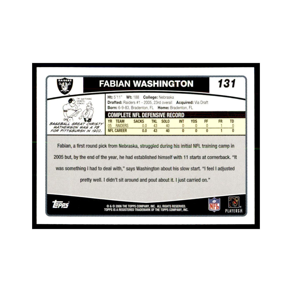 Fabian Washington 2006 Topps #131 Football Cards Football Card NM