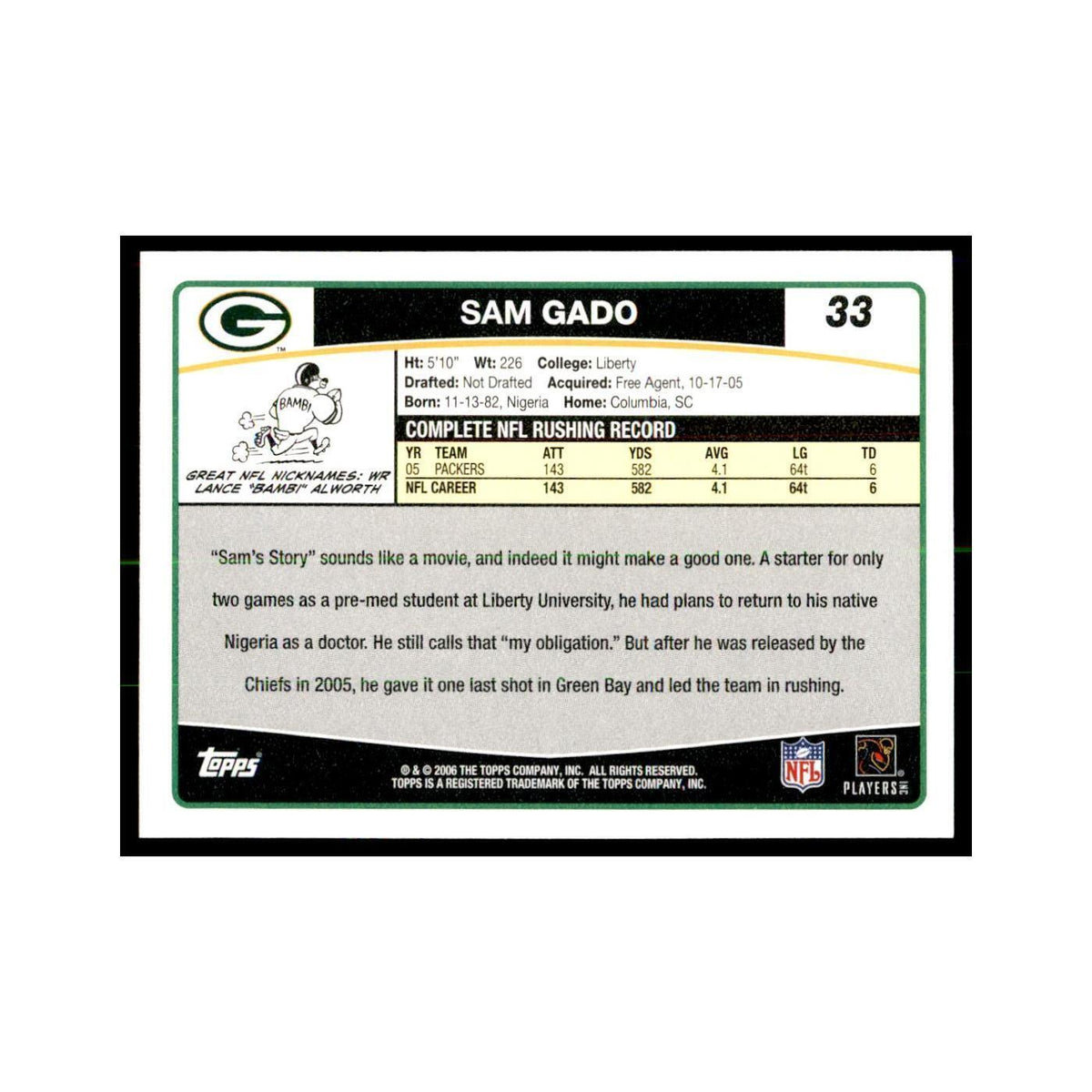 Samkon Gado 2006 Topps #33 Football Cards Football Card NM