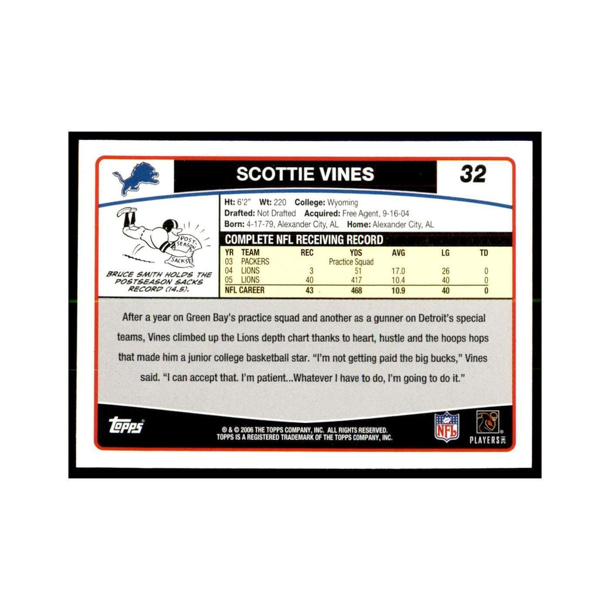 Scottie Vines 2006 Topps #32 Football Cards Football Card NM