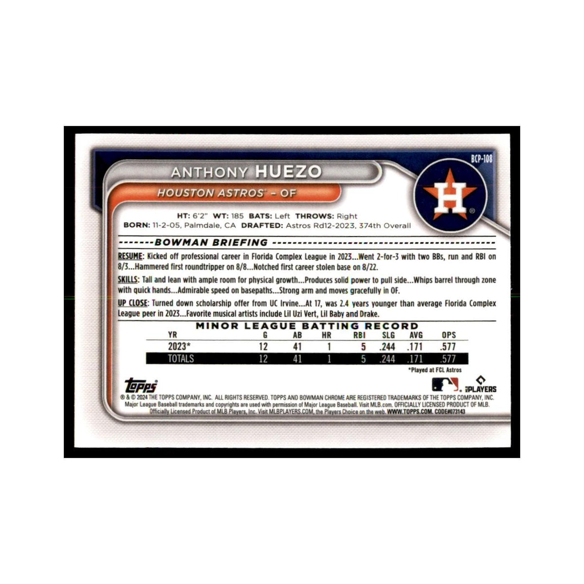 Anthony Huezo 2024 Bowman Chrome #BCP-108 Baseball Cards Baseball Card NM