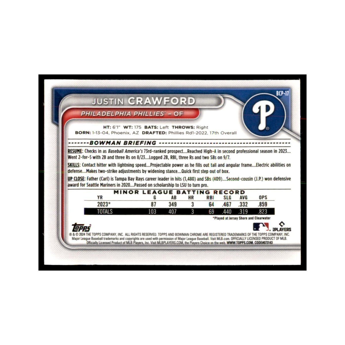 Justin Crawford 2024 Bowman Chrome #BCP-17 Baseball Cards Baseball Card NM