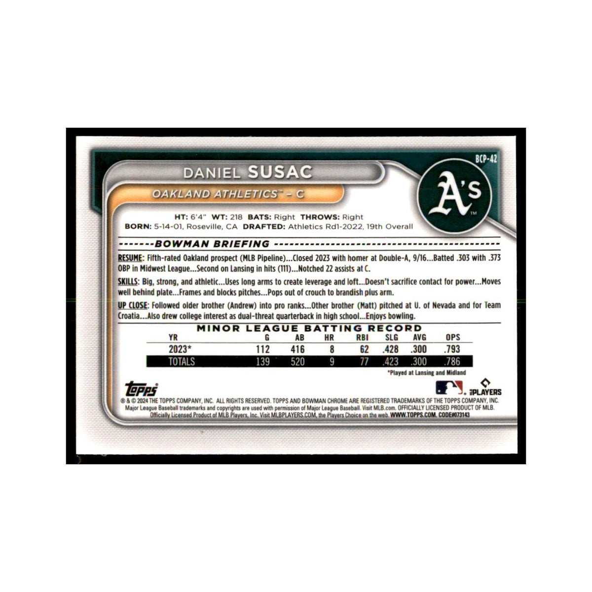 Daniel Susac 2024 Bowman Chrome #BCP-42 Baseball Cards Baseball Card NM