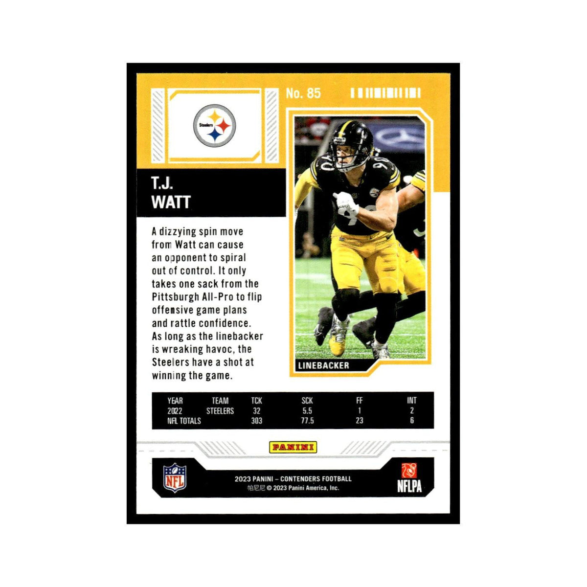T.J. Watt 2023 Panini Contenders #85 Pittsburgh Steelers Football Card NM