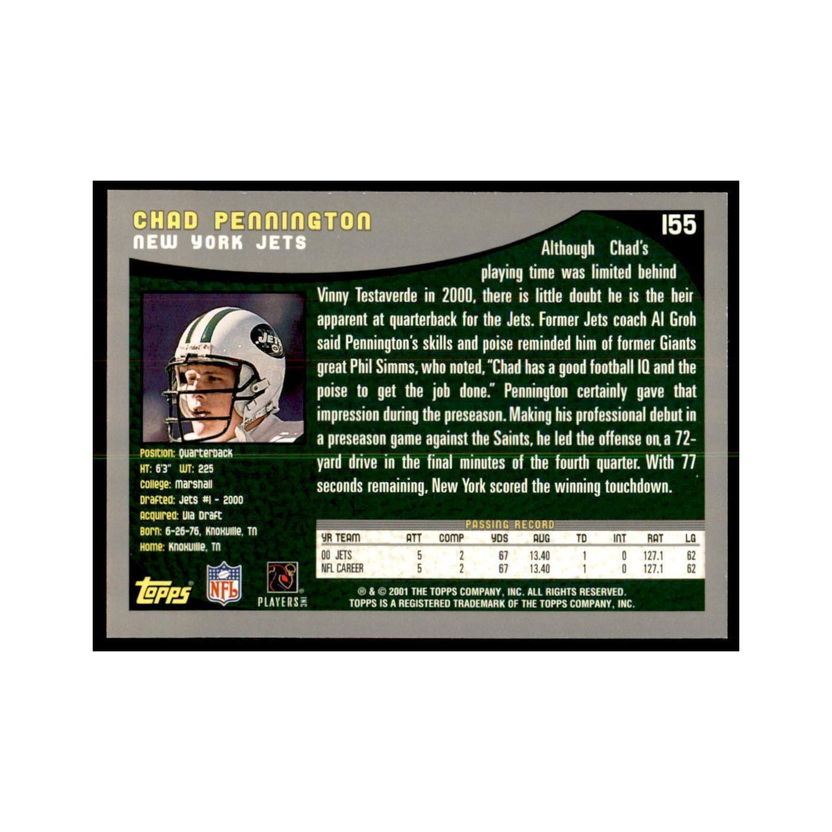 Chad Pennington 2001 Topps #155 Football Cards Football Card NM
