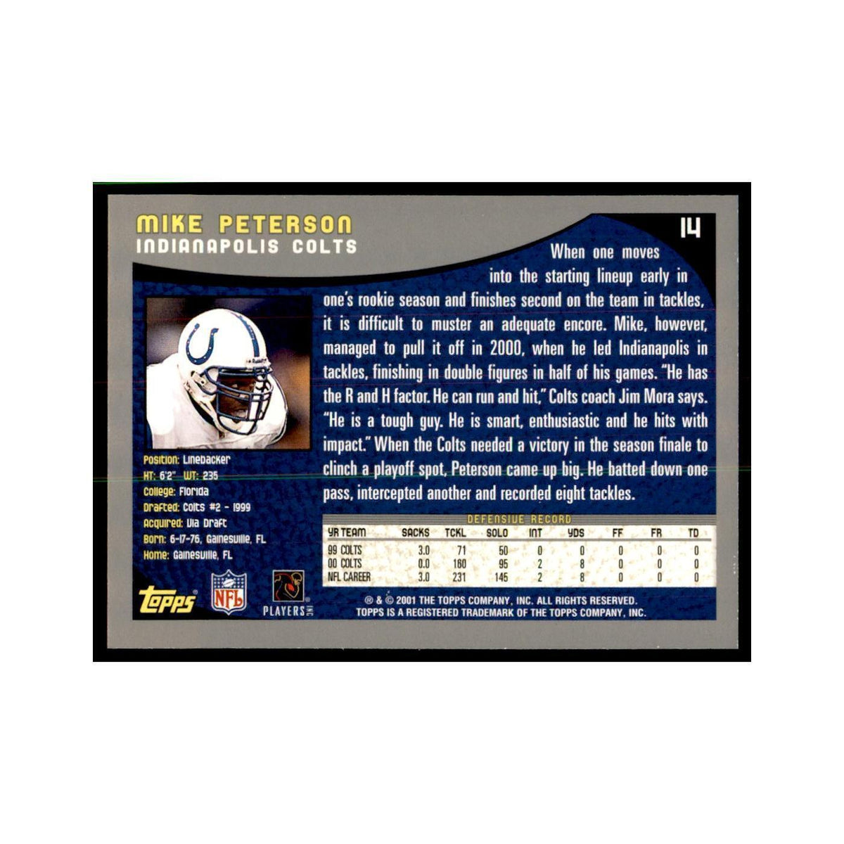 Mike Peterson 2001 Topps #14 Football Cards Football Card NM