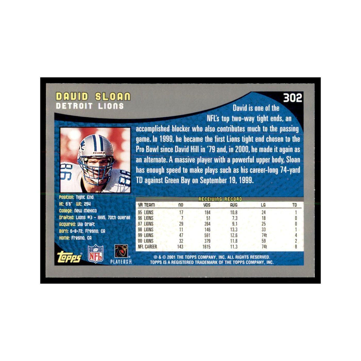 David Sloan 2001 Topps #302 Football Cards Football Card NM