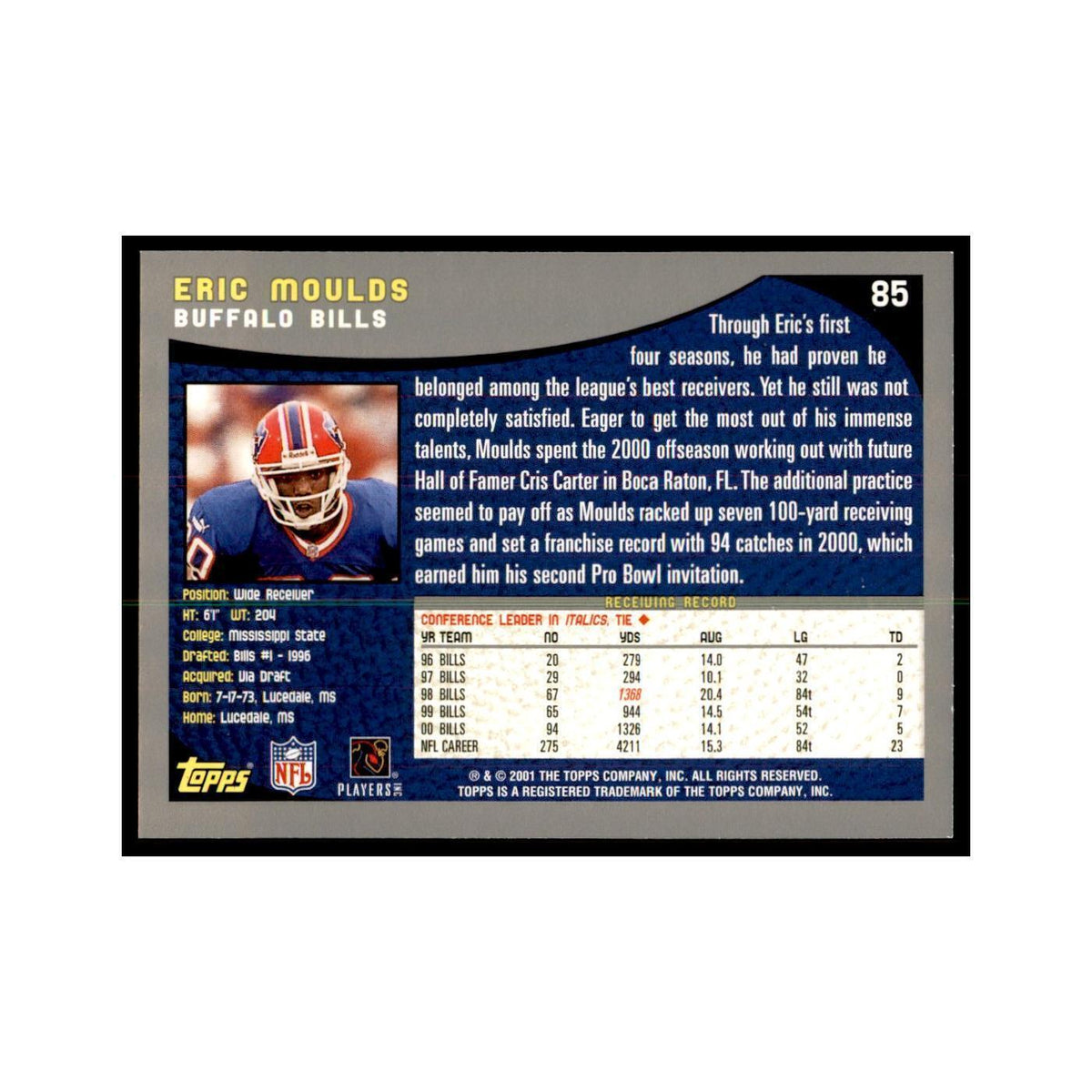 Eric Moulds 2001 Topps #85 Football Cards Football Card NM