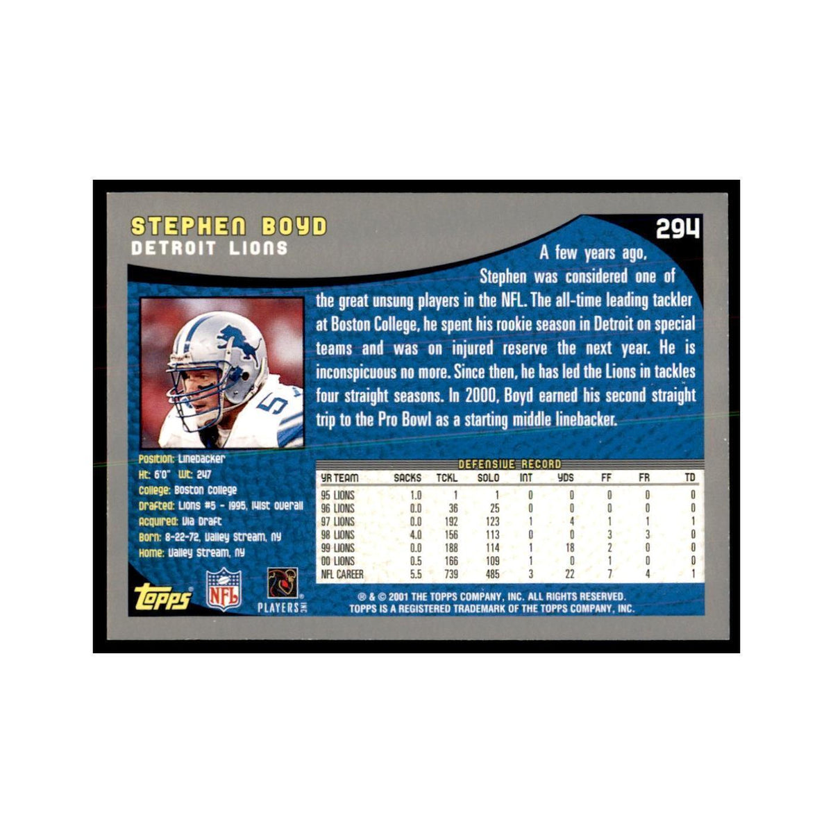 Stephen Boyd 2001 Topps #294 Football Cards Football Card NM