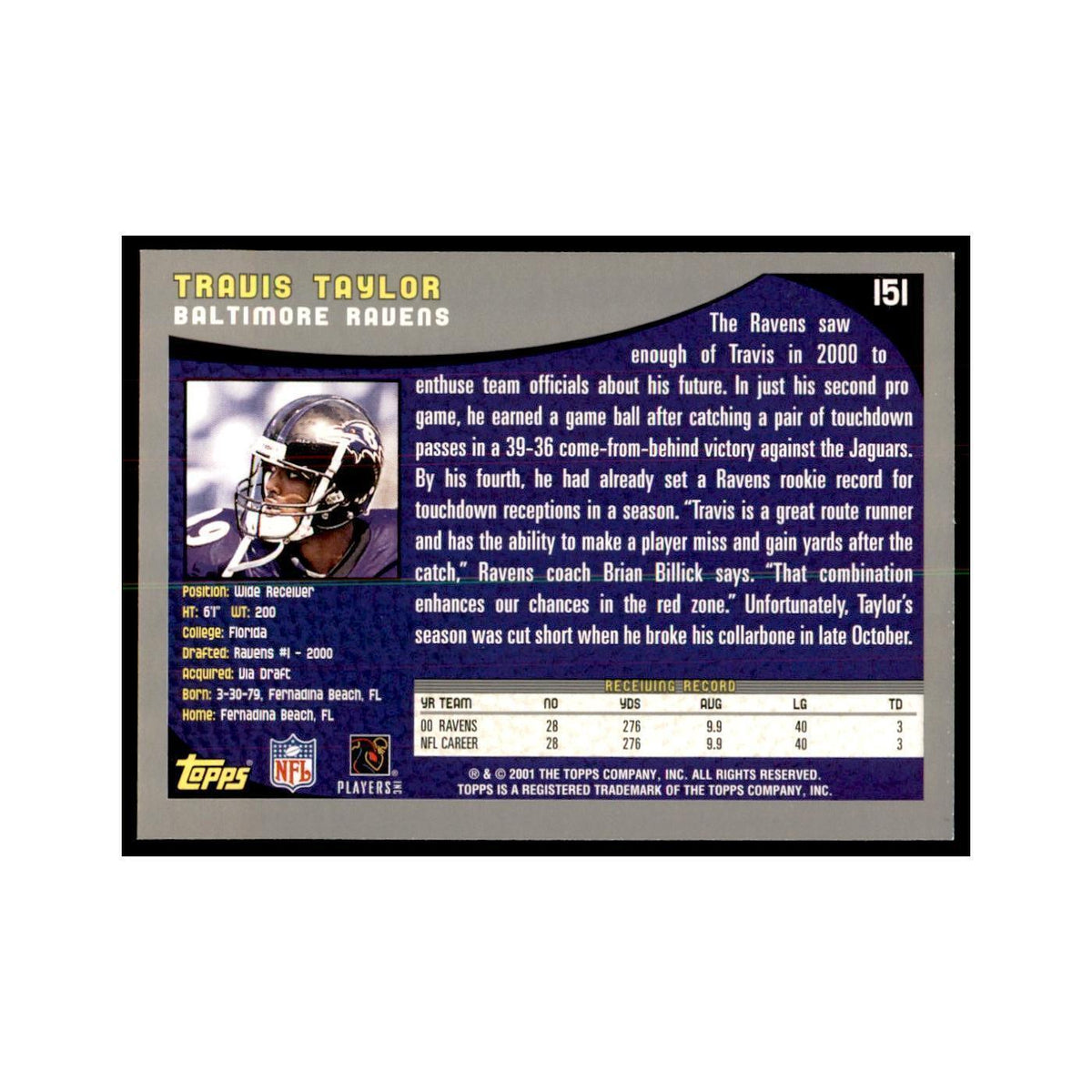 Travis Taylor 2001 Topps #151 Football Cards Football Card NM