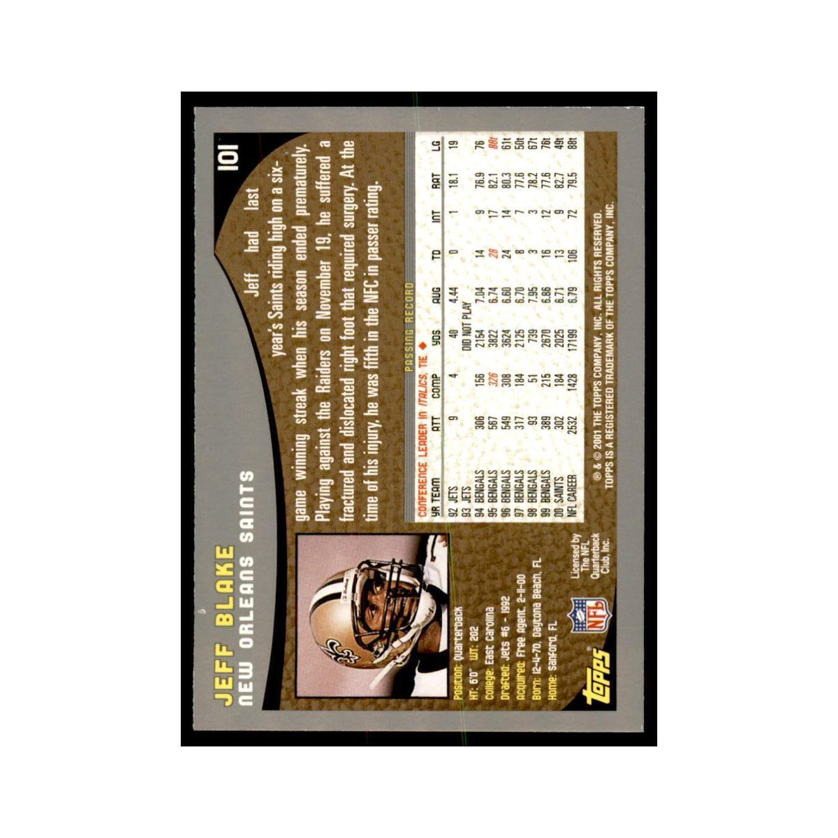 Jeff Blake 2001 Topps #101 Football Cards Football Card NM