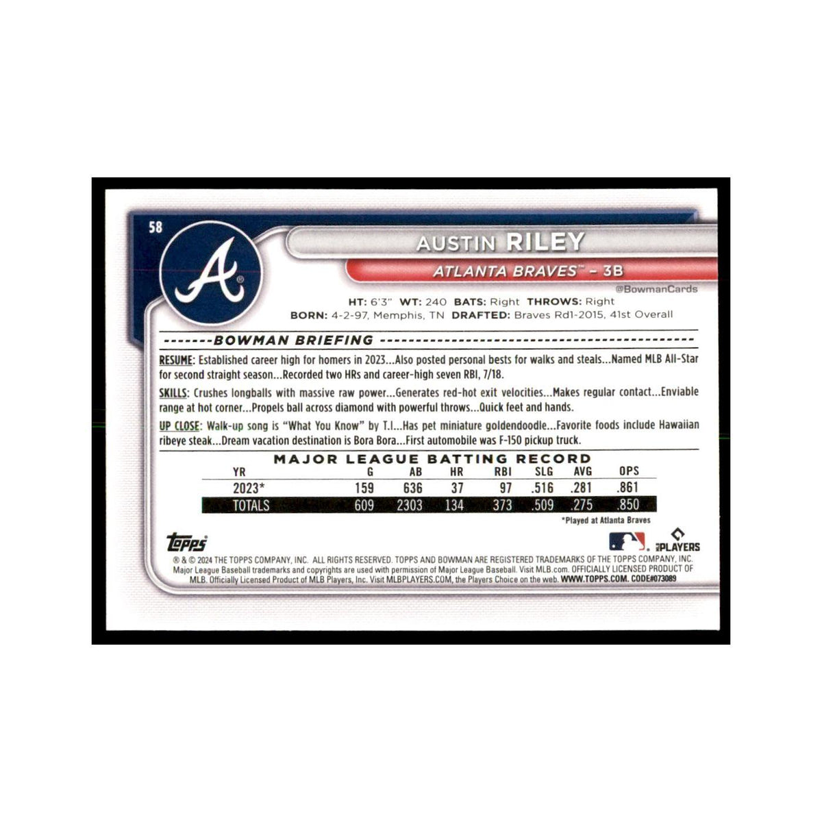 Austin Riley 2024 Bowman #58 Baseball Cards Baseball Card NM