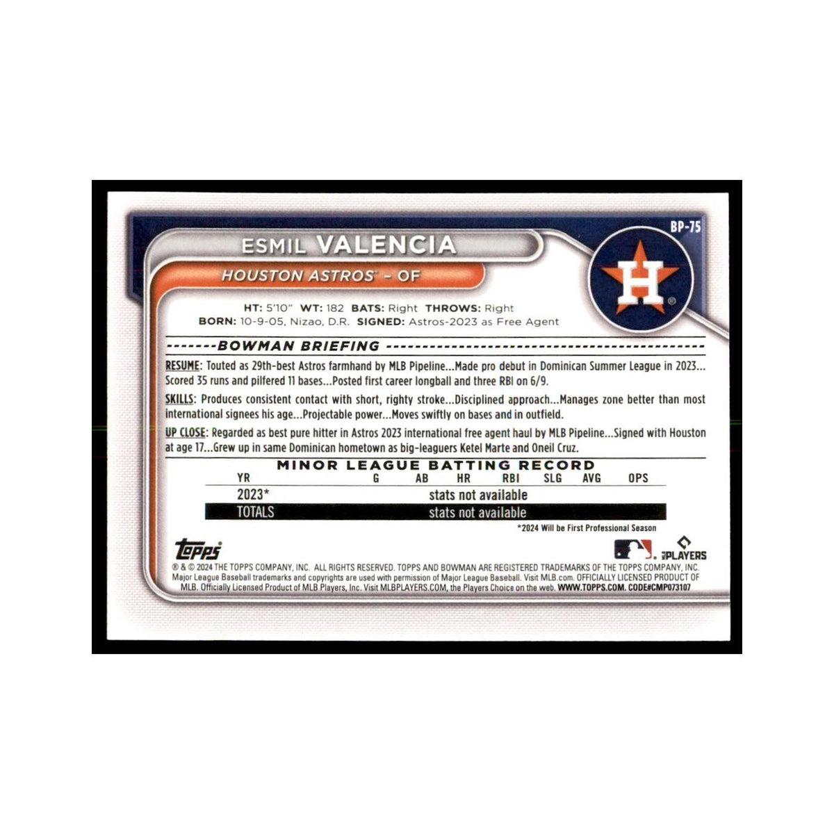 Esmil Valencia 2024 Bowman Prospects #BP-75 Baseball Cards Baseball Card NM