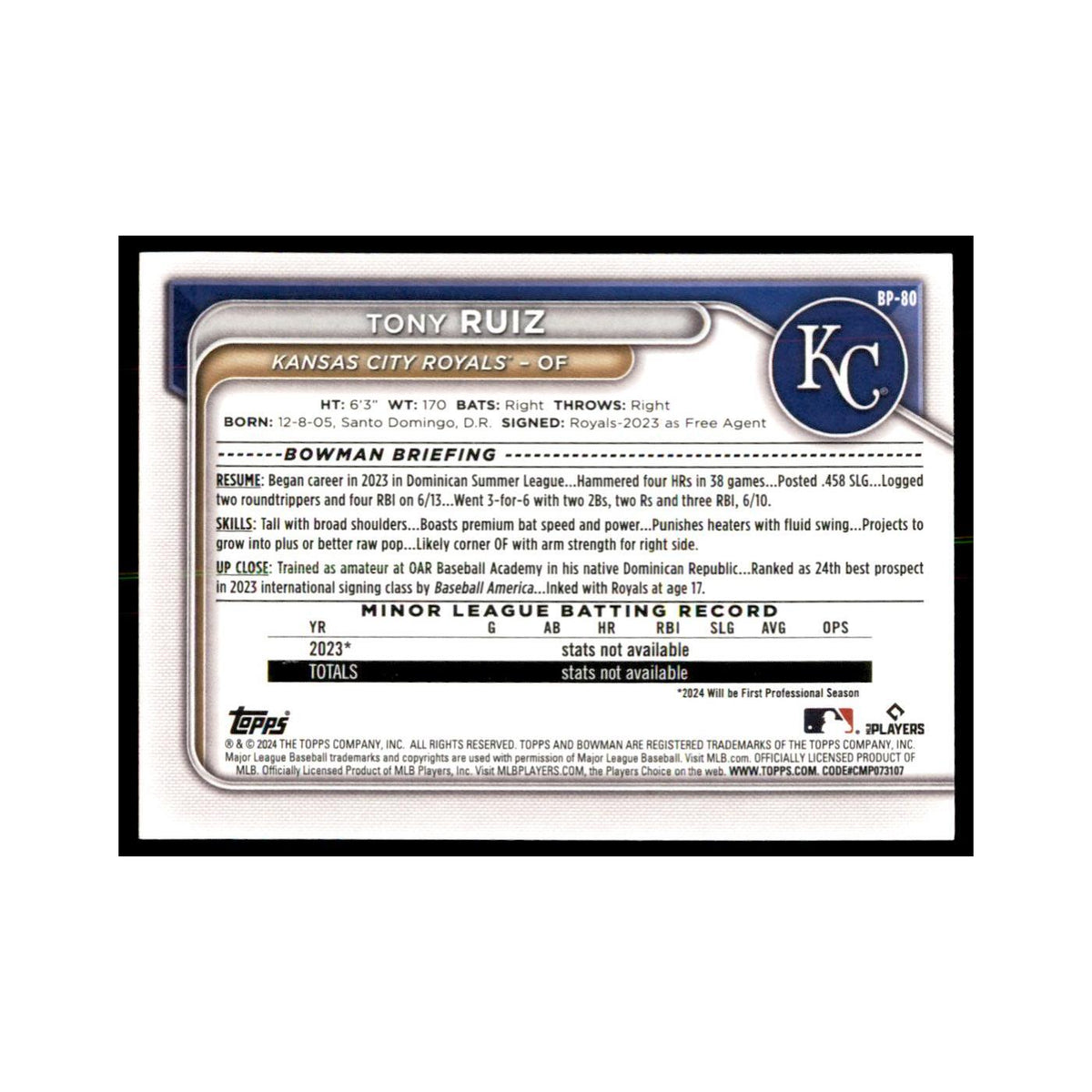 Tony Ruiz 2024 Bowman Prospects #BP-80 Baseball Cards Baseball Card NM