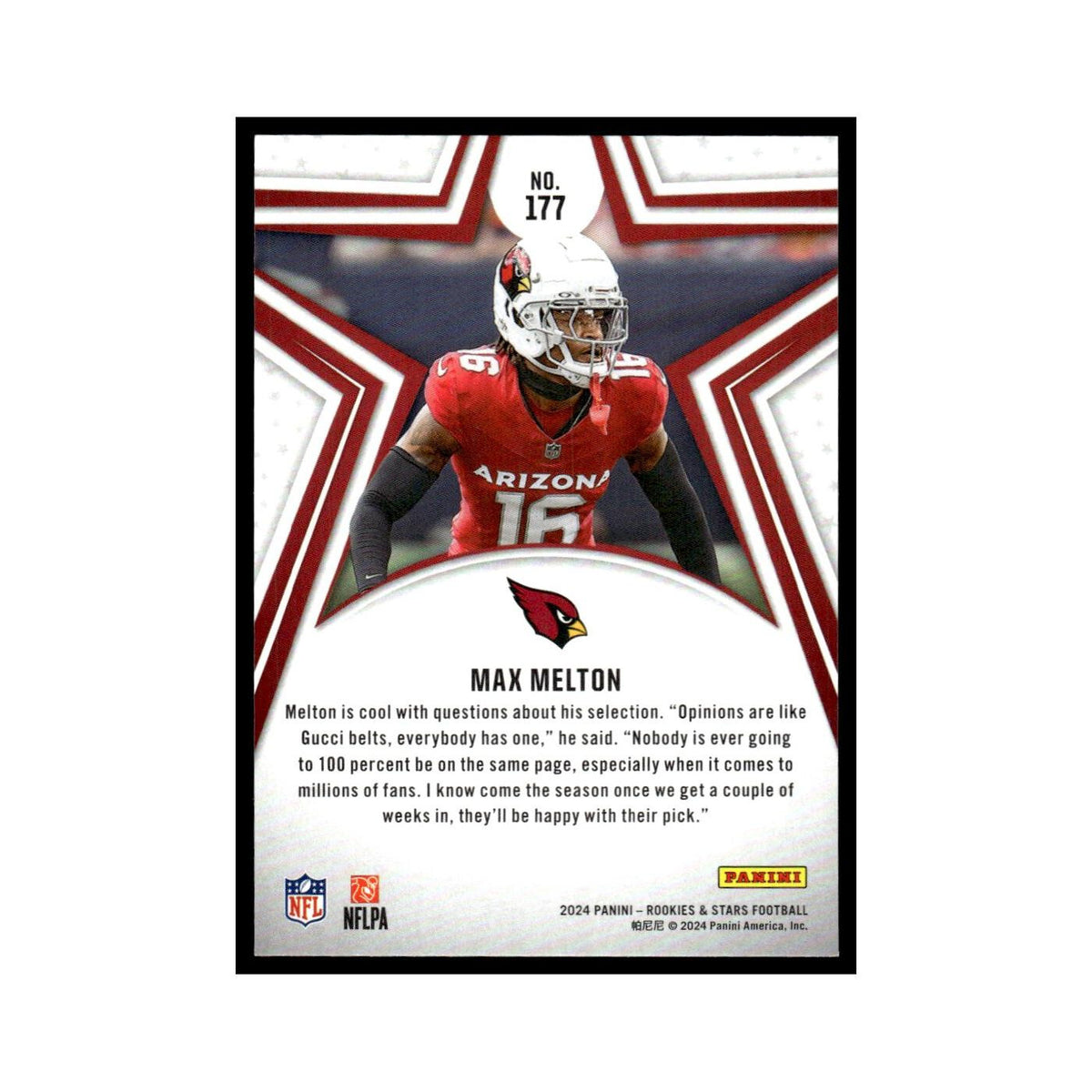 Max Melton 2024 Panini Rookies Stars #177 Arizona Cardinals Football Card NM