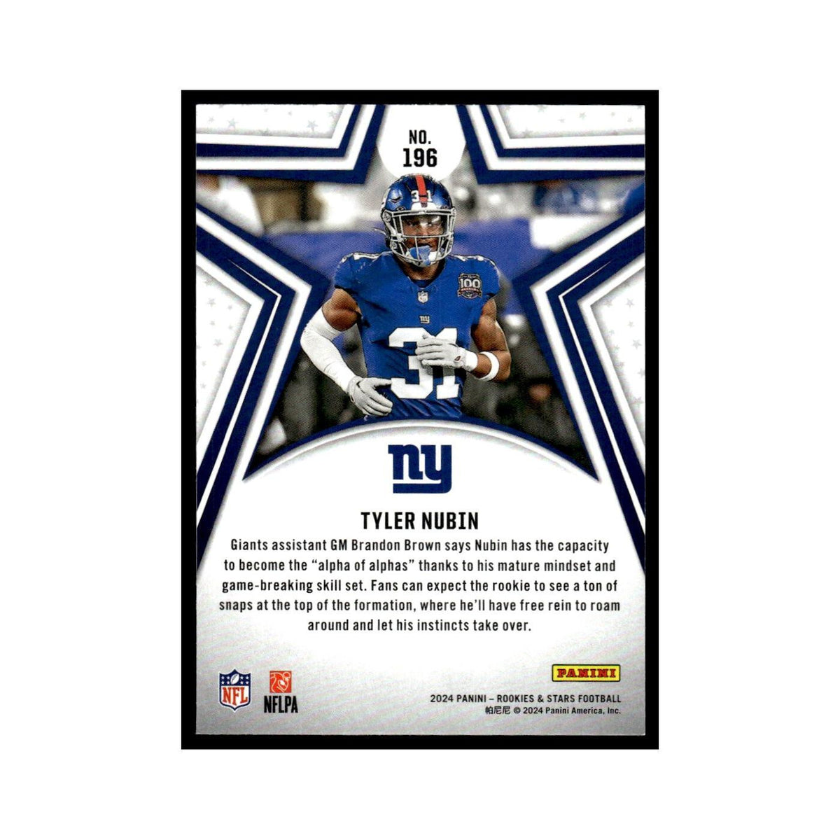 Tyler Nubin 2024 Panini Rookies Stars #196 New York Giants Football Card NM