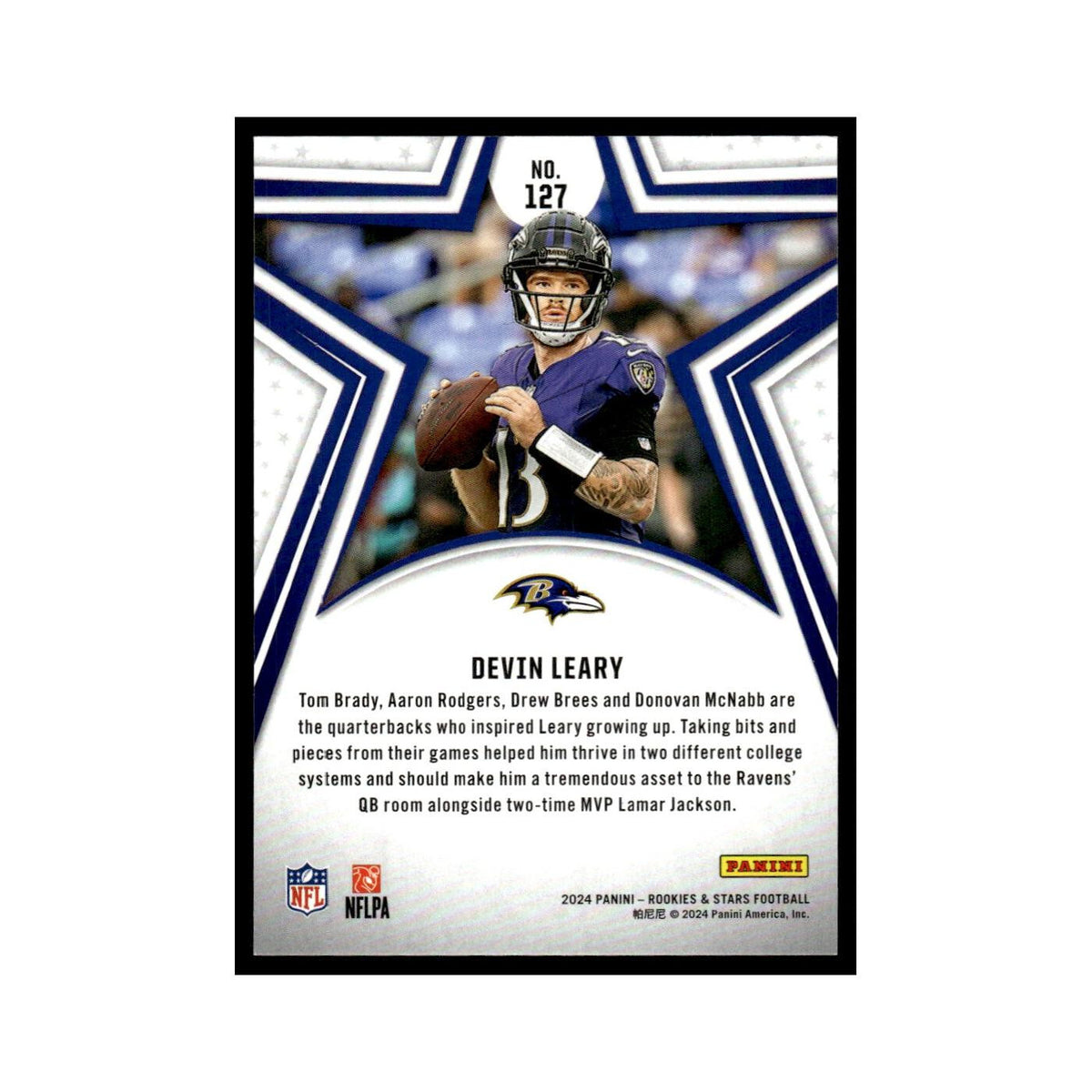 Devin Leary 2024 Panini Rookies Stars #127 Baltimore Ravens Football Card NM