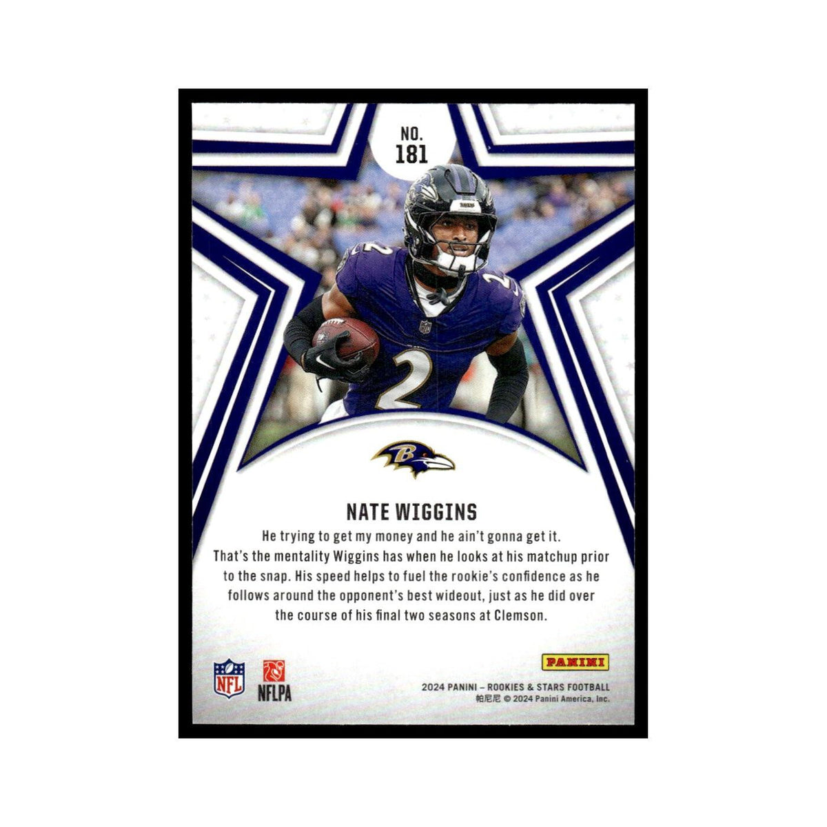 Nate Wiggins 2024 Panini Rookies Stars #181 Baltimore Ravens Football Card NM