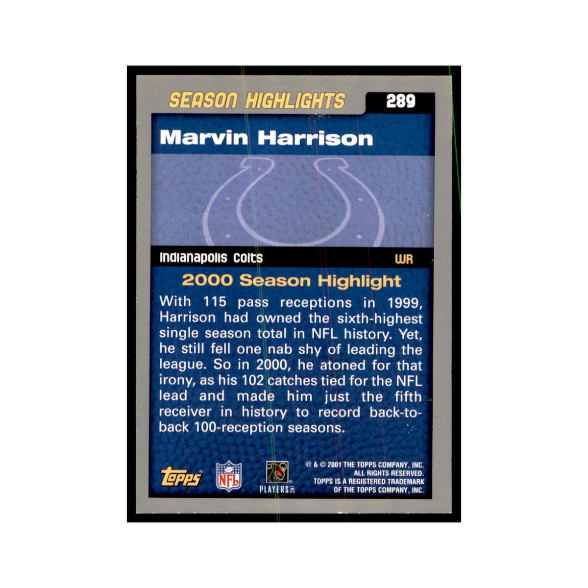 Marvin Harrison 2001 Topps #289 Football Cards Football Card NM