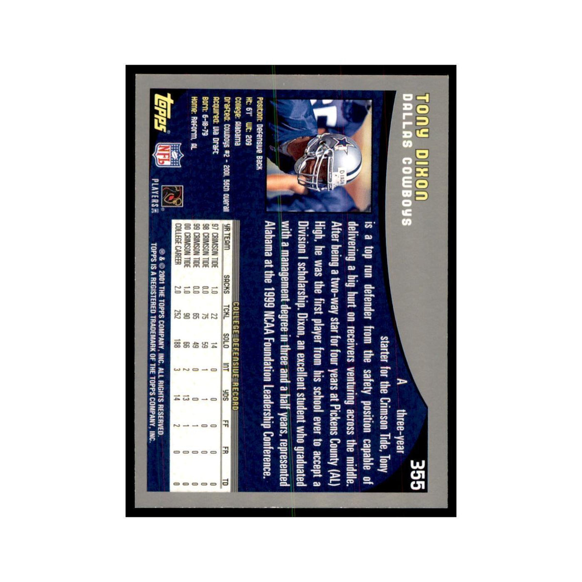 Tony Dixon 2001 Topps #355 Football Cards Football Card NM