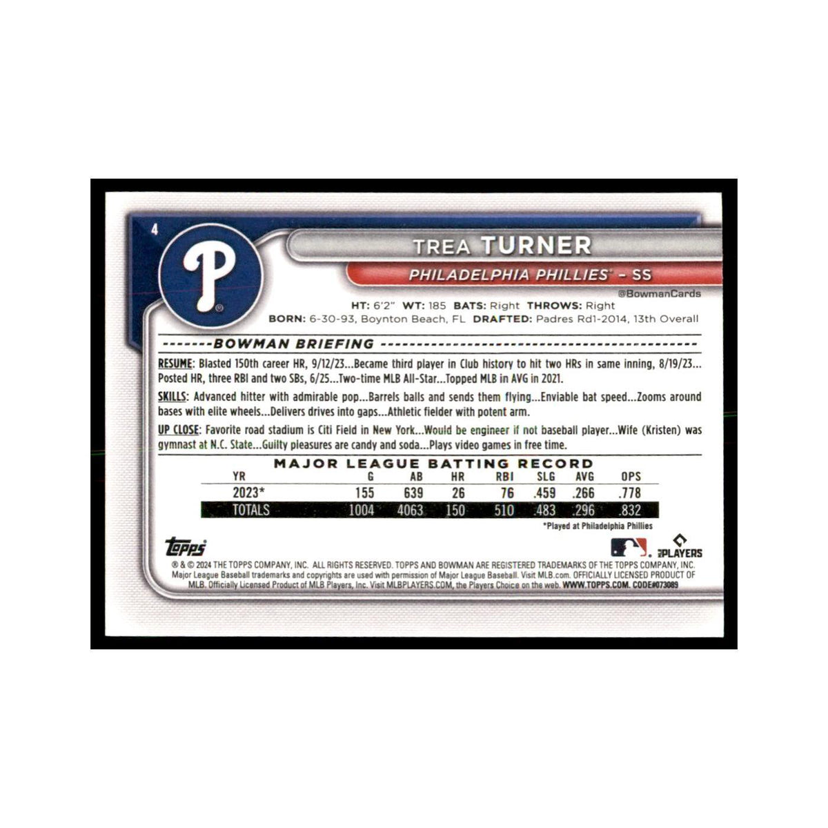 Trea Turner 2024 Bowman #4 Baseball Cards Baseball Card NM