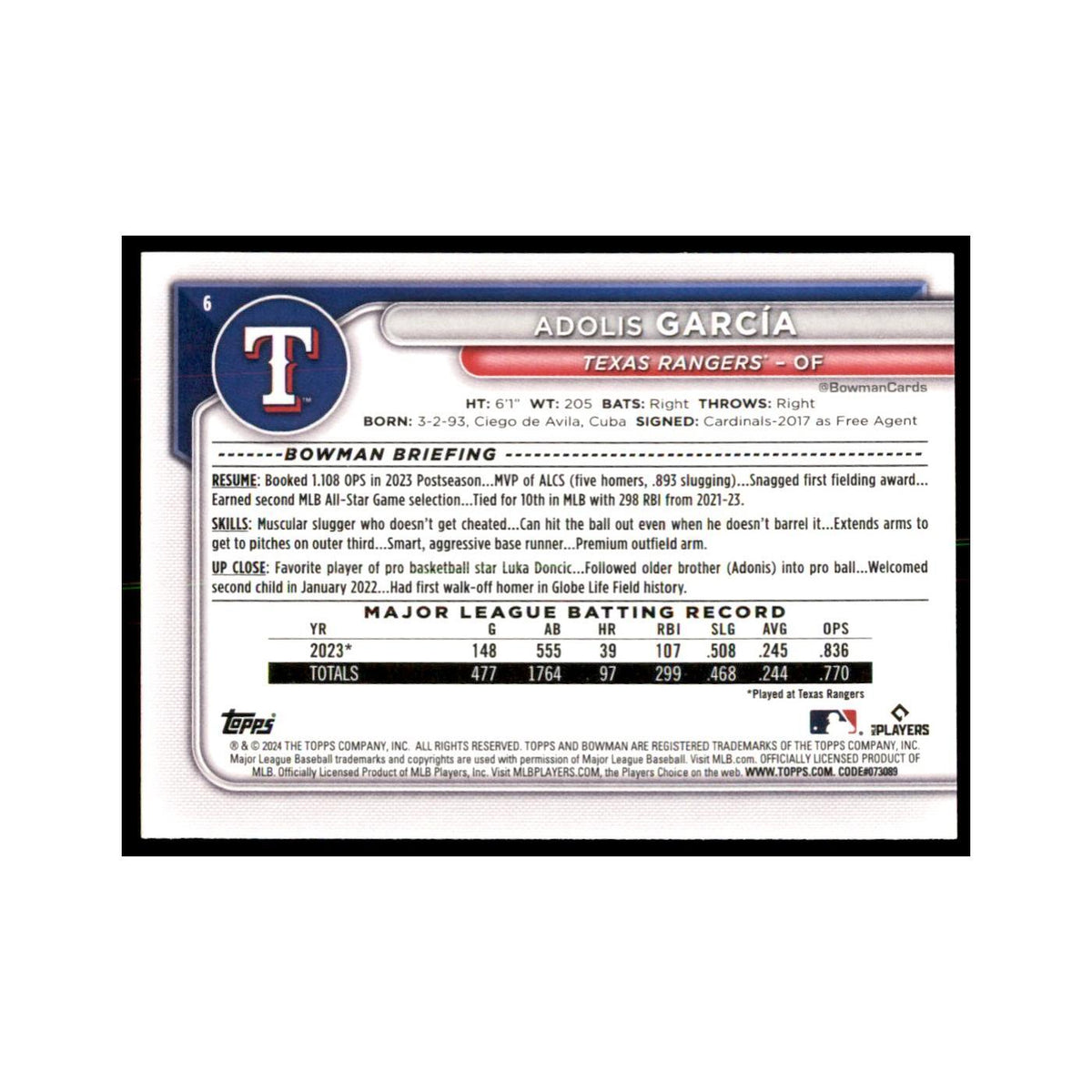 Adolis Garcia 2024 Bowman #6 Baseball Cards Baseball Card NM