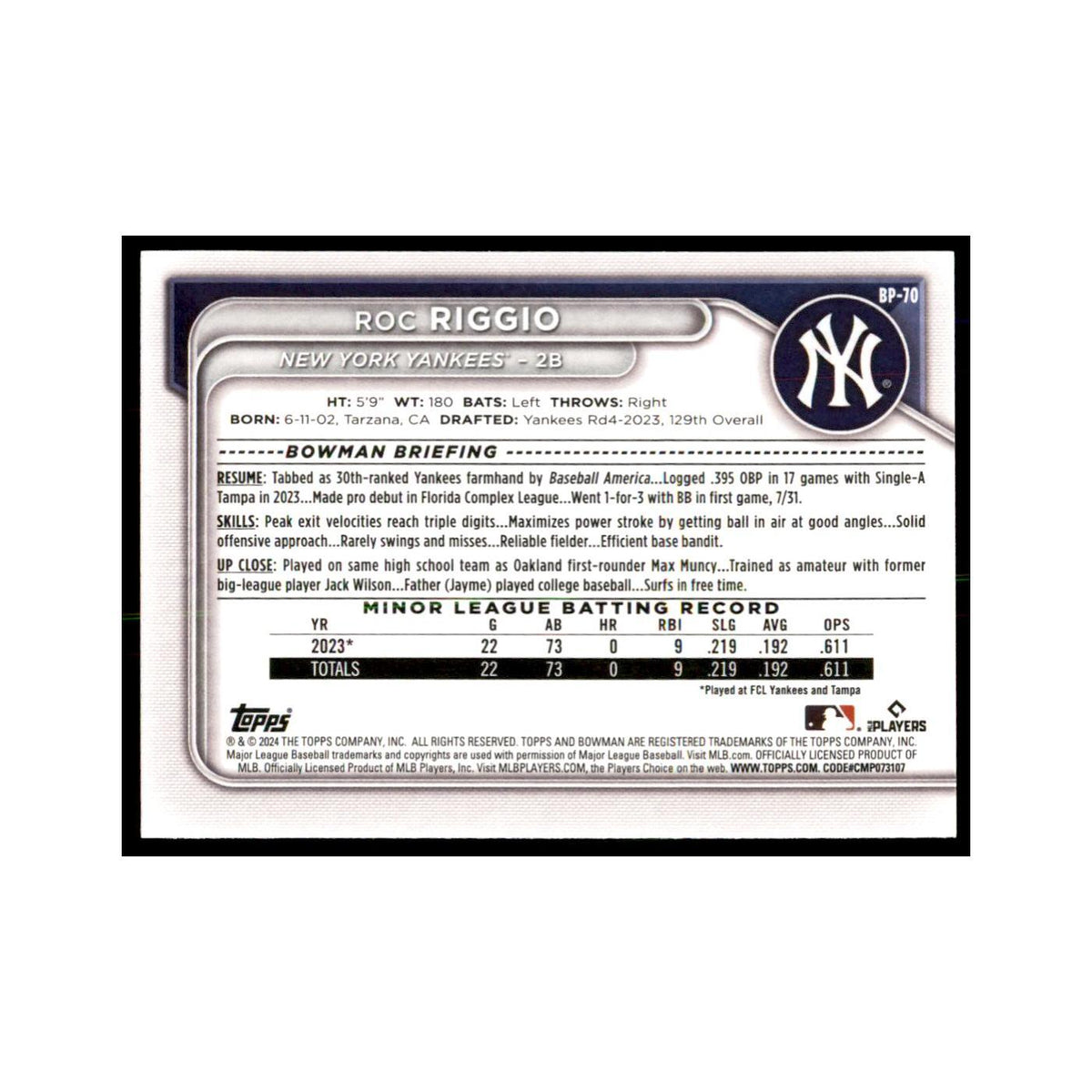 Roc Riggio 2024 Bowman Prospects #BP-70 Baseball Cards Baseball Card NM