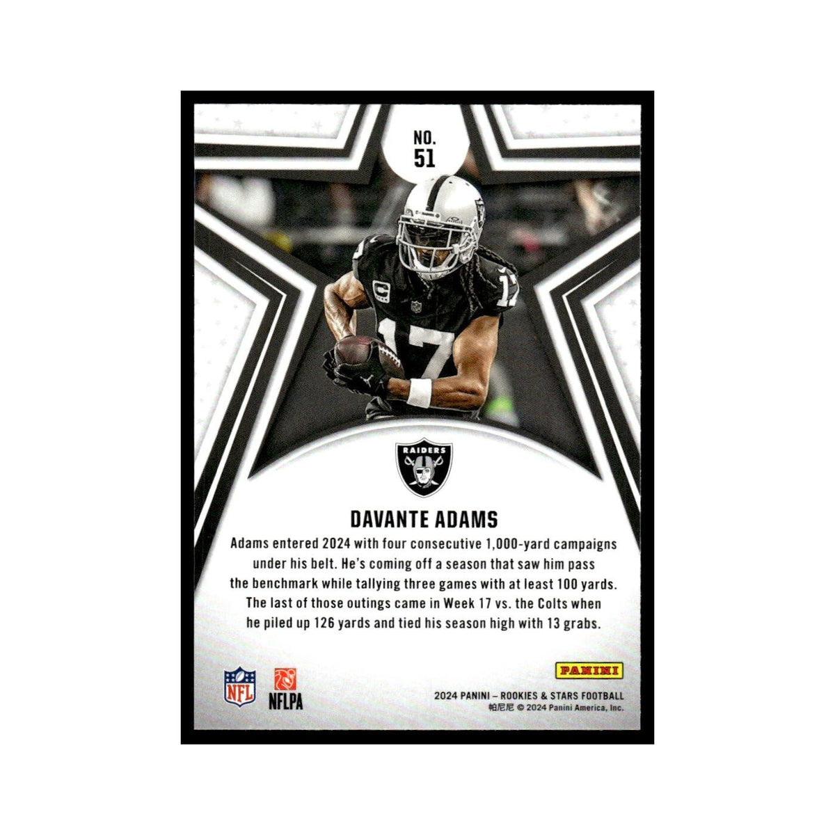Davante Adams 2024 Panini Rookies Stars #51 Las Vegas Raiders Football Card NM
